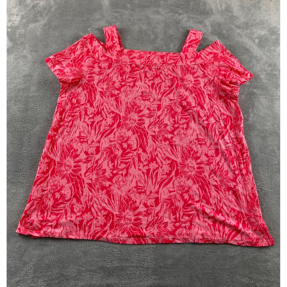 Woman Within Pink Floral Cold Shoulder Top Plus Size 1X 22/24 Short Sleeve‎ Knit